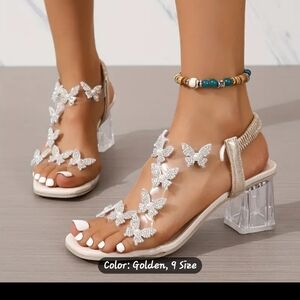 Women's Butterfly Clear Chunky Heels, Square Open Toe Elastic Strap Mid Heels